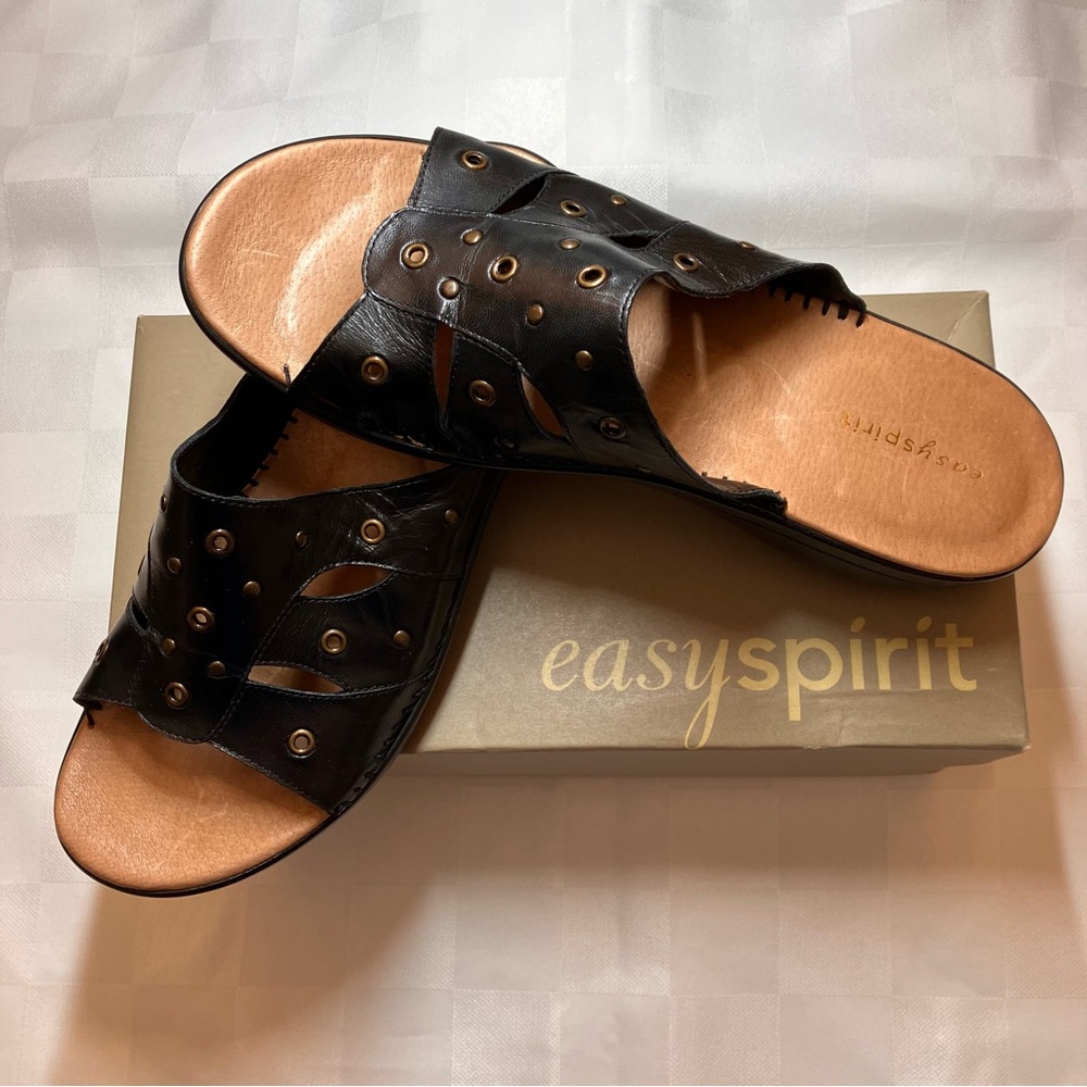 Easy Spirit Dalila Black Leather Wedge Slides Sandals, 9M